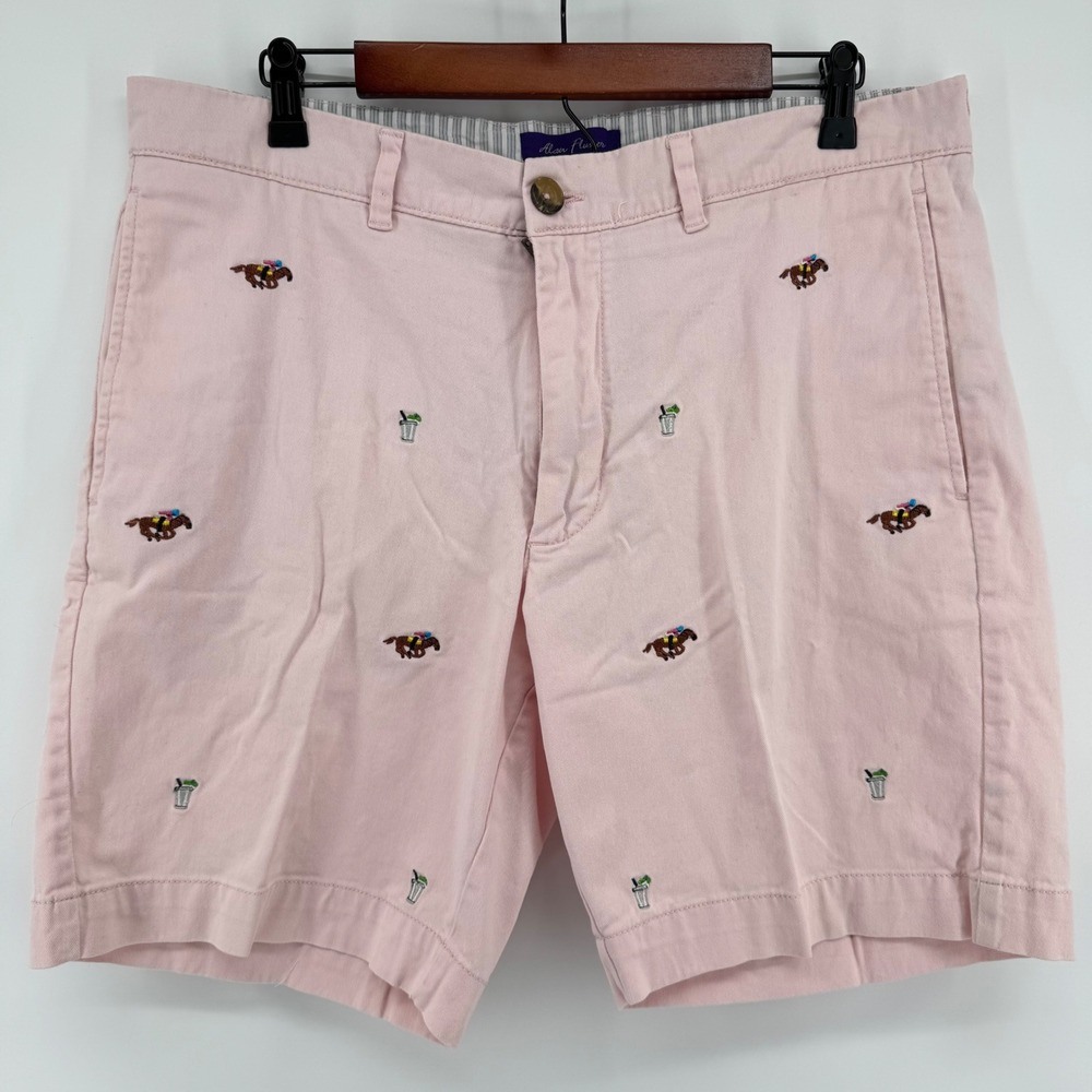 Alan Flusser Chino Shorts Mens 36 Pink Kentucky Derby Jockey Horse Mint Julep